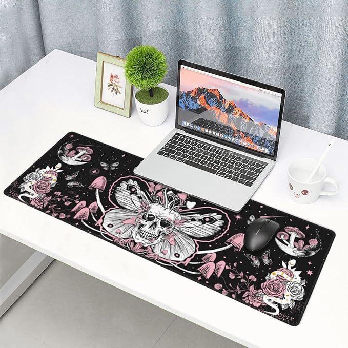 Hippie Mushroom Skull Mouse Pad Extended XL Gaming Mice Pad Office Desk Mat with Stitched Edges Non-Slip Oversized Desk Pad 31.5 X 11.8 Inch