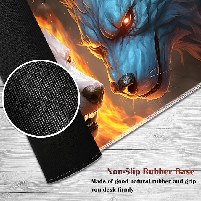 Gaming Mouse Pad Set Large Gaming Mouse Pad+Keyboard Wrist Rest+Mouse Wrist Rest+Coaster Easy Typing Pain Relief 31.5 × 11.8 inch Desk Mat for Home Office - Ice Wolf and Fire Wolf