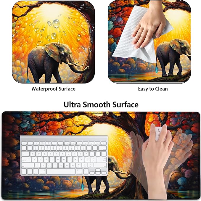 Large Mouse Pad with Mouse Wrist Rest 31.5x11.8 in Extended Mouse Mat Ergonomic Memory Foam Wrist Rest for Work &amp Gaming Writing Pad Colorful Tree of Life and Elephant Office Desk Pad