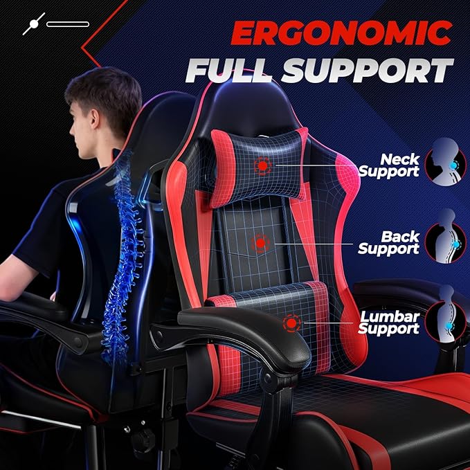 Auto Dynasty Ergonomic Gaming Chair High-Back Office Chair w/Adjustable Lumbar Support Linkage Armrest Headrest &amp Footrest 350LBS Recliner Swivel Computer Game Racing Chair Red/Black