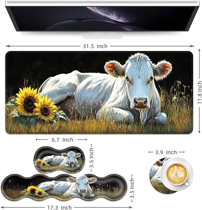 Keyboard Mouse Pad Set Extended Gaming Mouse Pad+Ergonomics Keyboard Wrist Rest Support Memory Foam Easy Typing Pain Relief 4Pcs XL Ultra Thick Desk MatWhite Cow Sunflowers