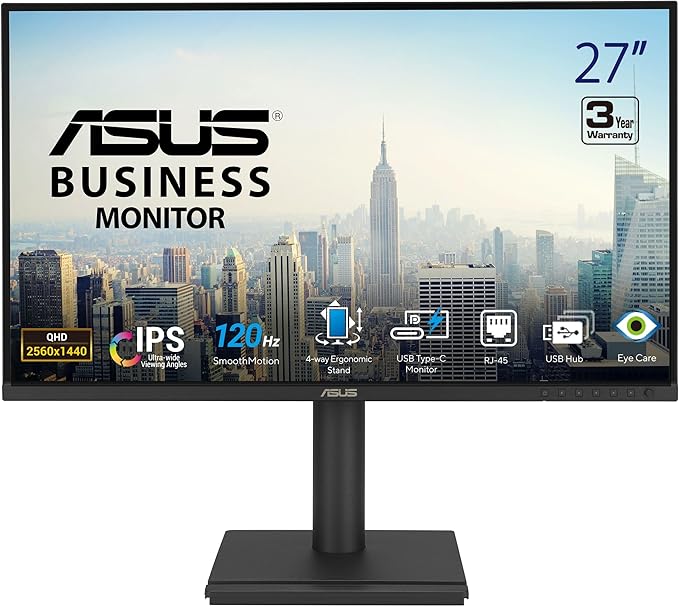 ASUS 27” 1440P USB-C RJ45 Docking Monitor (BE27ACGN) – QHD (2560x1440) IPS 120Hz Frameless Speakers Height Adjustable DisplayPort Daisy-Chain Power Sync Eye Care 3 yr Warranty