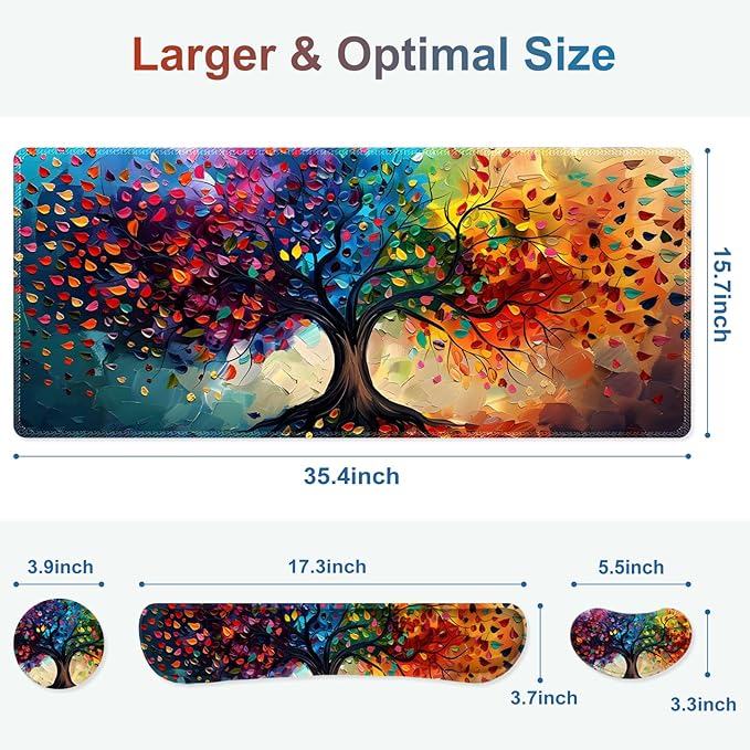 Large Gaming Mouse Pad Set 4 in 1 Ergonomics Keyboard Desk Mat with Memory Foam Wrist Rest Computer Extended Game Mousepad Non-Slip Desk Matt Easy Typing Pain Relief I Colorful Tree Leave