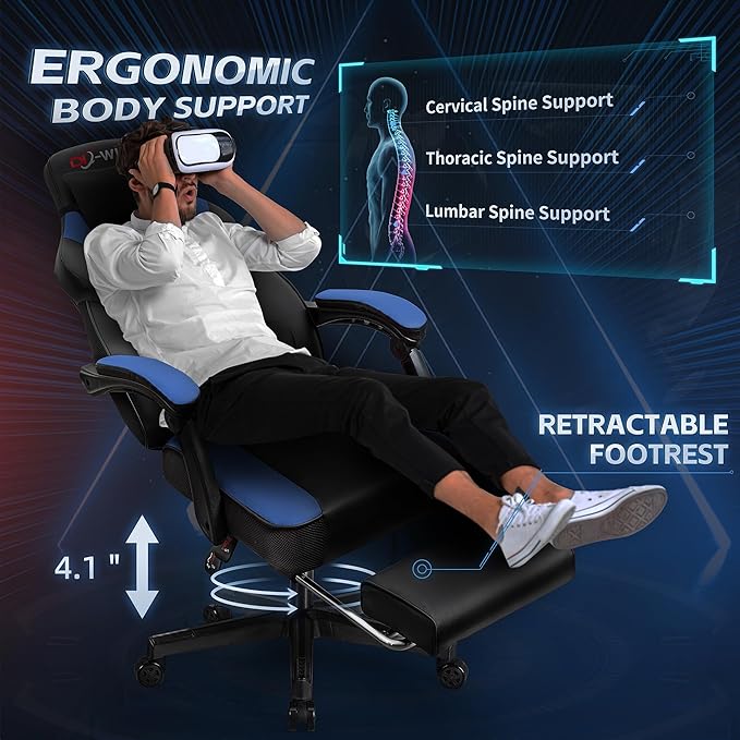 Gaming Chairs for Adults Computer Chair with Footrest and Ergonomic High Back Big and Tall Gamer Chairs with Massage Lumbar Support 360° Swivel Height Adjustable Gaming Chair Blue