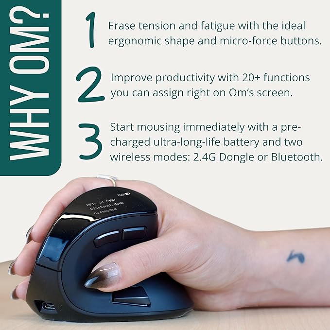 Ergodriven Om Vertical Ergonomic Mouse | Wireless: Bluetooth &amp 2.4G | Rechargeable Optical 4 DPI Levels 5 Custom Buttons | for PC Mac Laptop Computer | Silent Click | Copy/Paste Function