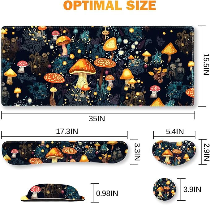 ARTSO Large Gaming Mouse Pad Keyboard Wrist Rest Pad &amp Wrist Support Mousepad Set Stitched Edge Extended Non-Slip Base Memory Foam Desk Mat for Office Home Cute Mushrooms