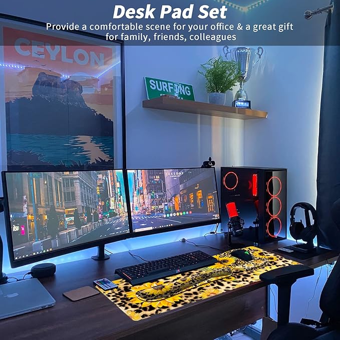 3 in 1 Full Desk Mouse Pad and Keyboard Wrist Rest Set Extended Gaming Mouse Pad + Ergonomic Keyboard and Mouse Mat with Soft Memory Foam Wrist Support for Office Home Sunflowers with Leopard Print