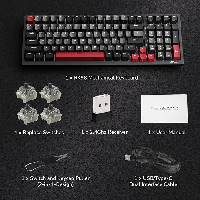 RK ROYAL KLUDGE RK98 Gaming Keyboard Wireless Mechanical Keyboard 100 Keys Tri-Mode BT5.1/2.4G/USB-C Full Size Hot Swappable Custom Keyboard with Numpad RGB Backlit Massive Battery Silver Switch