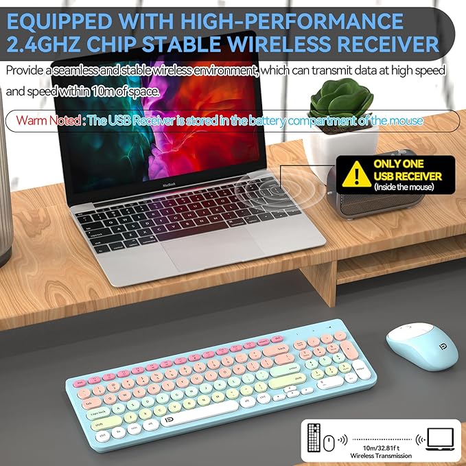 FD Wireless Keyboards and Mouse Combo - 2.4GHz USB Cordless Cute Wireless Keyboard Round Keys Quiet and Slim Set for Laptop Computer TV and Mac - Blue Pale Green Colorful