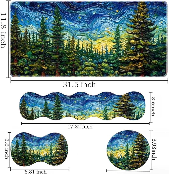 Keyboard Mouse Pad SetLarge Desk Pad+Keyboard Wrist Rest+Mouse Pad Wrist Support+CoasterEasy Typing Pain Relief Non-Slip Mousepad Wrist Support Home OfficeVan Gogh Starry Night Forest