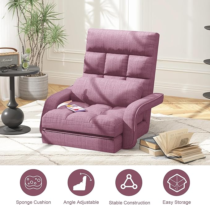 Adjustable Floor Gaming Chair for Adults 6-Position Chaise Lounge Chair with Meditation Arm Foldable Lazy Sofa with Pillow Comfy Chair Indoor for Bedroom Dorm Living Room Purple