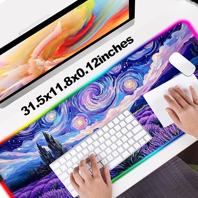 RGB Fantasy Starry Night Lavender Field Gaming Desk Mat Computer Keyboard Large Extended Long Floral LED Mouse Pad for Office and Home XL (W27)