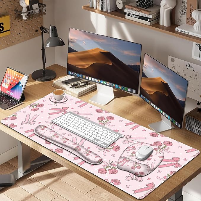 Pink Mouse Pad with Wrist Support 4 in1 Set XXL Big Game Mousepad + Keyboard Wrist Rest + Mouse Wrist Rest Pad +Coaster Gaming Mat for Home Office Work Computer Laptop PC I Sweet Rose &amp Heart Bow