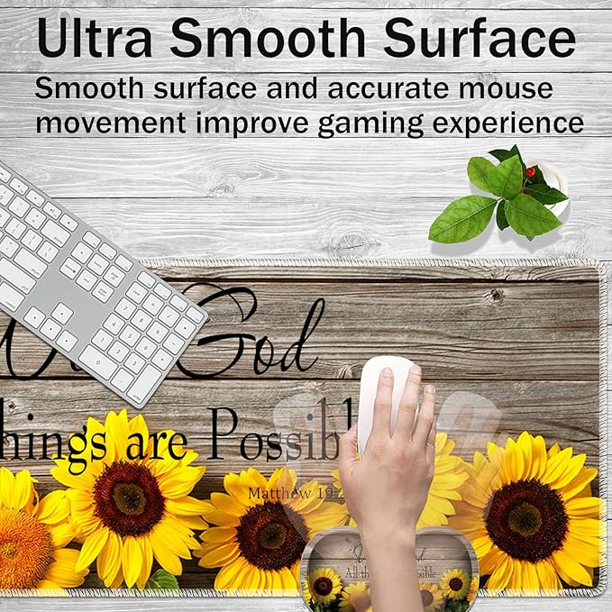 Large Game Mouse Pad + Wrist Support Pad + Coffee Coaster Sunflower Quote Matthew 19:26 Foldable Table Mat with Stitched Edge Non-Slip Set Pad Suitable for Office Work and Home