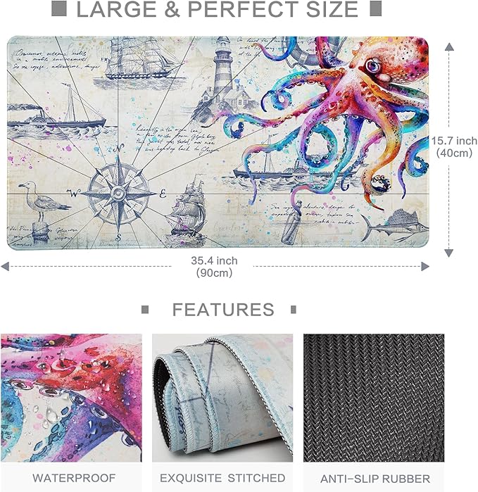 Large Gaming Pad Desk Mat for Desktop Big Computer Pad Grey Desk Pad Computer Desk Mat for Keyboard Cool Non-Slip Gaming Mat for Men Boys 35.4x15.7 Octopus