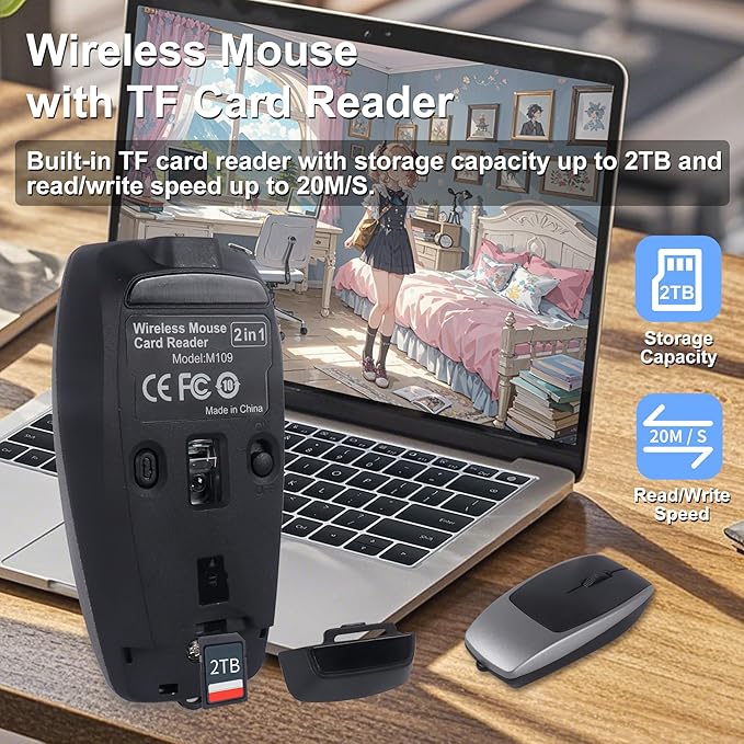 Bluetooth Mouse Rechargeable Portable Mini Computer Mice with TF Card Reader 3 Adjustable DPI Optical Lightweight Silent Wireless Mouse for Laptop Tablet Cell Phone Windows Mac OS Android iOS Grey