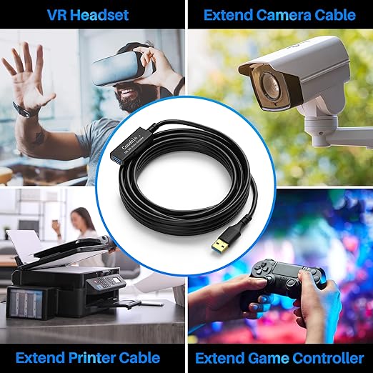 USB 3.0 Active Extension Cable 20 Feet Long USB Type-A Male to Female Extender Cord Built-in A Signal Booster Smart Chip 5Gbps Transfer for Printer Xbox Webcam VR Hard Drive USB Hub and More