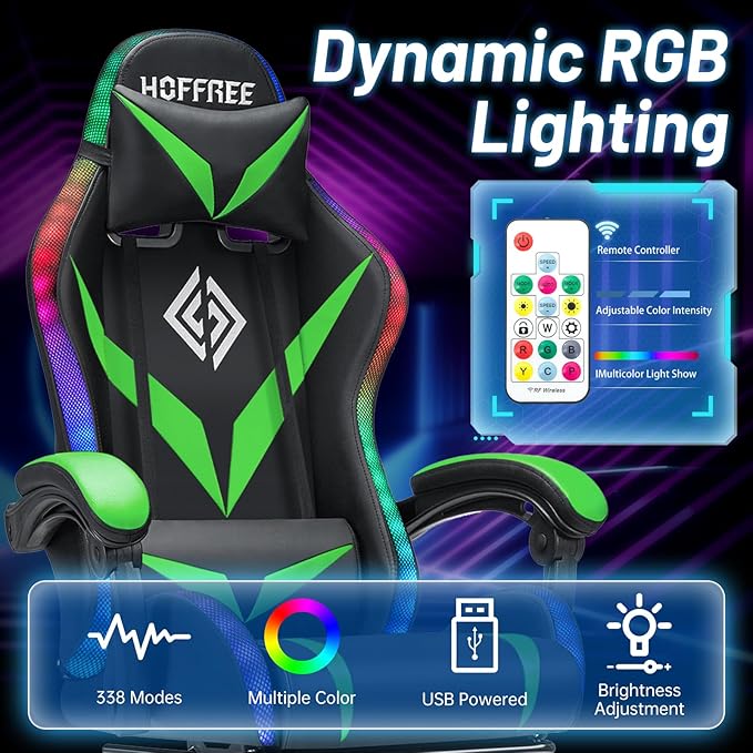 HOFFREE Gaming Chair with Bluetooth Speakers and Led Lights Massage Computer Gamer Chair with Footrest Ergonomic Video Game Chair for Adults Green and Black