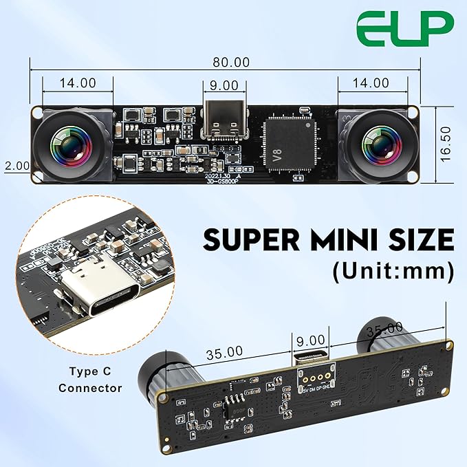 ELP 210fps Monochrome Global Shutter USB Camera Module - Dual Lens Synchronization B/W Web for PC 800P 120fps Lightburn USB2.0 OmniVision OV9281 Binocular (83 No Distortion Lens)