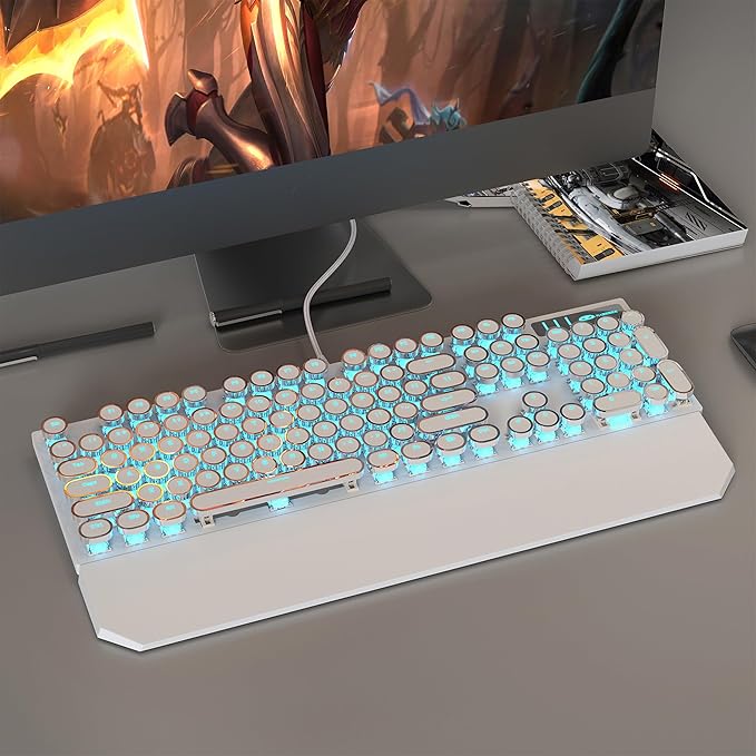 MageGee Typewriter Mechanical Gaming Keyboard Retro Punk White Round Keycaps 104 Keys LED Blue Backlit Wired Keyboards for Laptop MAC PC Gamer with Magnetic Wrist Rest Blue Switch