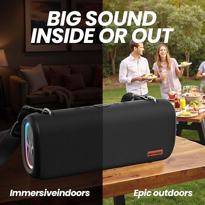 New Trent Vibe Pro Outdoor Bluetooth Speaker 80W Peak Loud Portable Wireless Speaker Waterproof IPX65 Deep Bass RGB Lights Studio Quality Sound Powered by Waves Audio Party &amp Pool Ready (Bla