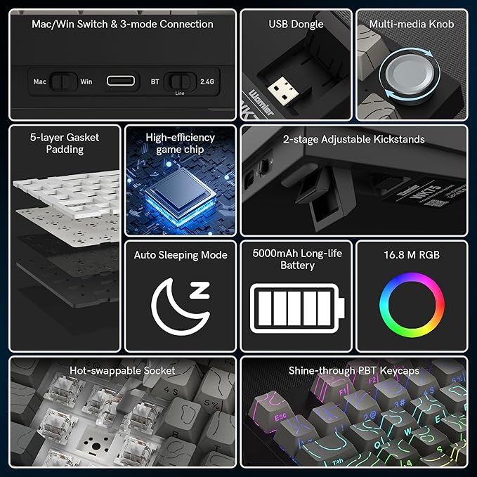 COSTOM WK75 75% Wireless Gaming Mechanical KeyboardBT5.0/2.4GHz/USB-C Hot Swappable Pre-lubed Custom Linear SwitchesGasket StructureRGB Backlit Keyboard for PC/Laptop/Xbox/PS4/PS5 (Topographic)