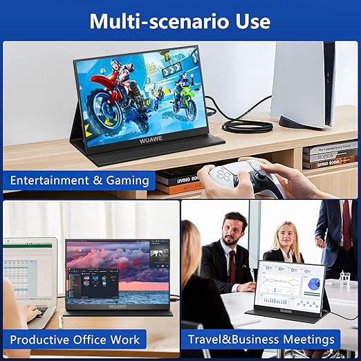 WUAWE 15.6 Inch Portable Monitor with Cover Stand 1080P FHD 60Hz External Second Computer Monitor with Speaker HDMI USB-C for PC Mac Phone PS5 Switch Xbox PS4/5.