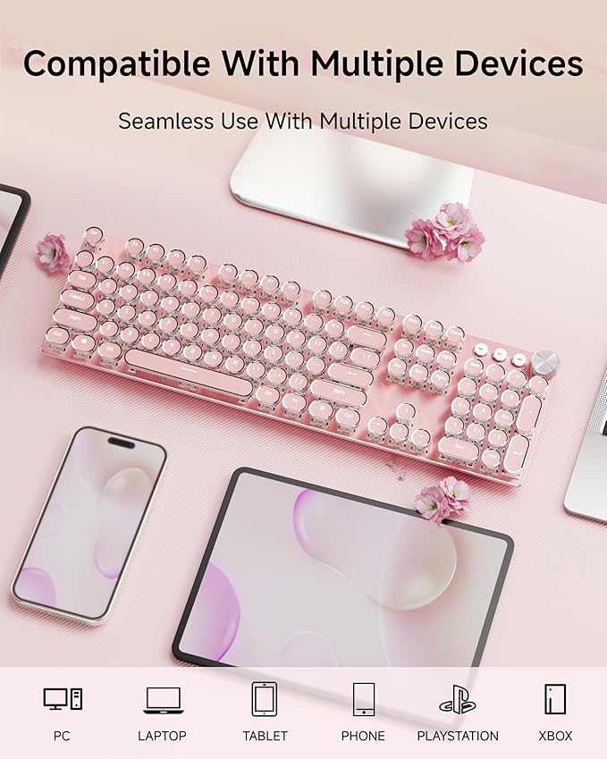 EWEADN V20 Typewriter Keyboard Wireless104 Keys Typewriter Style Mechanical with White Backlit Media Knob White Switch 2.4G/Bluetooth/USB-C Retro Full Size Keyboard for Windows/Mac/PC-Dark Pink