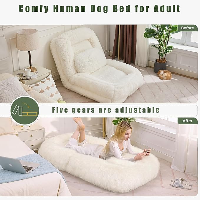 Floor Chair with Back Support Human Dog Bed with 5 Adjustable Position Convertible Lazy Floor Lounger Comfy Gaming Chair Plush Folding Sofa Bed for Adult Living Room Bedroom Cream Beige