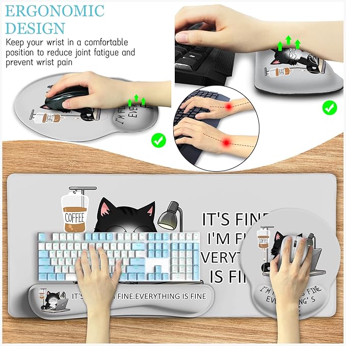 Cat Ergonomic Mouse Pad with Wrist Rest Desk Mat Sets Accessories Cute Mouse Pads for Desk Gaming Mouse Pad Wrist Support Keyboard Mat Wrist Rest Cup Coaster Funny Office Desk Accessories