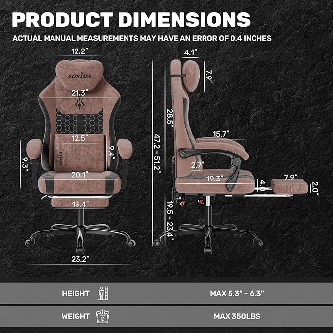 SUKIDA Fabric Video Gaming Chair Ergonomic High-Back Computer Game Chairs with Large Massage Adjustable Lumbar Support Headrest and Linked Armrests for Long Hours Sitting Task Chair Brown