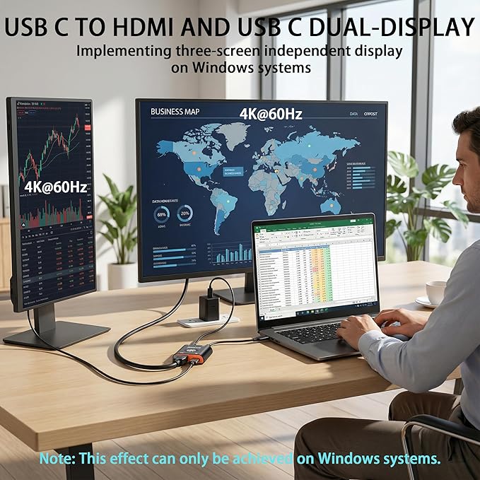 USB C to HDMI and USB C Dual-Display Adapter Power to Xreal/Viture/RayNeo AR Glasses or HDMI/Type C Monitors While Charging for Steam Deck ROG Ally Switch Compatible 4K 144Hz|Built-in Cooling Fan