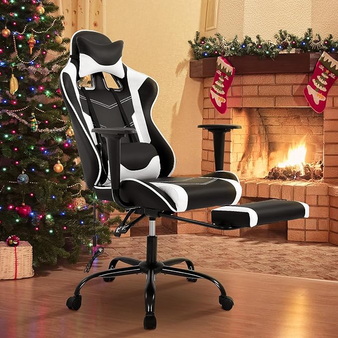 BLKMTY Gaming Chair with Footrest Ergonomic Office Racing Computer Chair with PU Leather High Back Lumbar Support Headrest Adjustable Height Reclining Chairs White