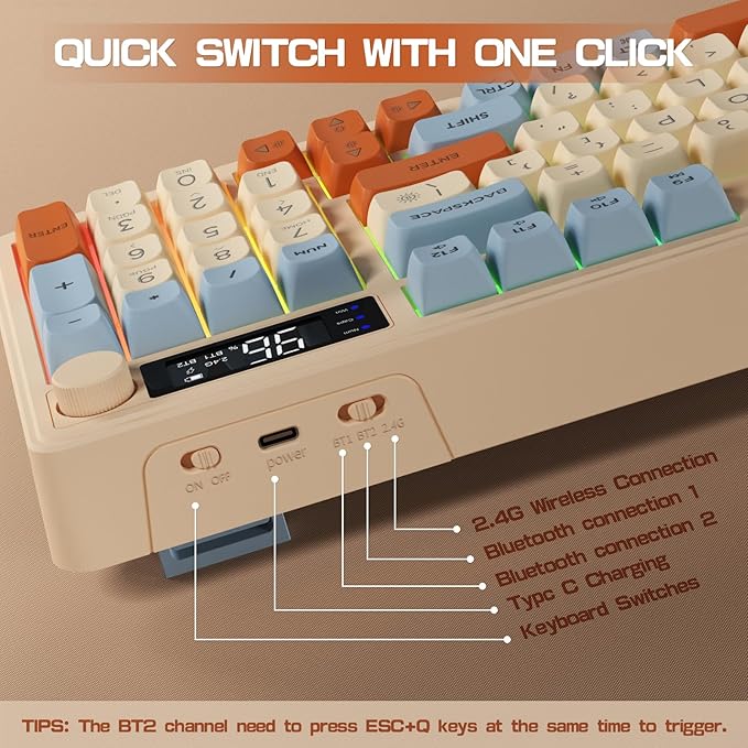 ZIYOU LANG M96 Wireless Gaming Silent Membrane KeyboardDisplay Screen &amp Knob with Multimedia Keys Dual Mode Bluetooth/2.4GhzRainbow Backlight 94Keys Ball Shape PBT Keycap ANSI Layout for Win/Mac