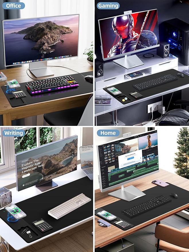 Mouse Pad 31.5x15.75 Inch with Calculator 15W Magnetic Wireless Charging Desk Mat XXL Desk Pad Home Office Large Keyboard Pad with Ultra-Smooth Surface Non-Slip Base (Black with 20W PD Charger)