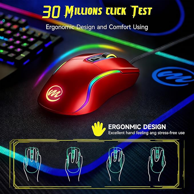 memzuoix Wired Gaming Mouse with RGB - 6 Adjustable DPI up to 12800 6 Buttons 12 Lighting Modes Ergonomic Design with Anti-Slip Rubber Wheel 5.6ft Braided Cable for PC/Mac/Windows - Red
