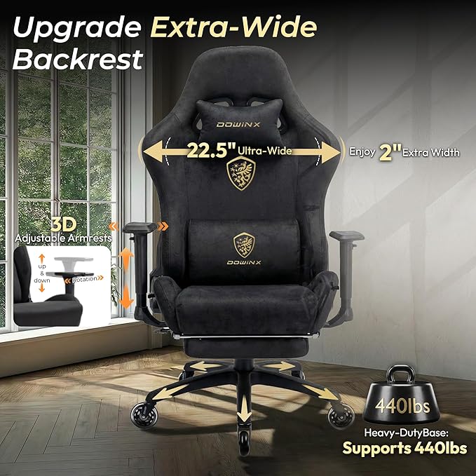 Dowinx Big and Tall Gaming Chair with Suede Fabric Breathable Game Chairs for Adults with Oversized Thick Seat for 440lbs Ergonomic Gamer Chair for Streaming &amp Long Gaming Sessions Black