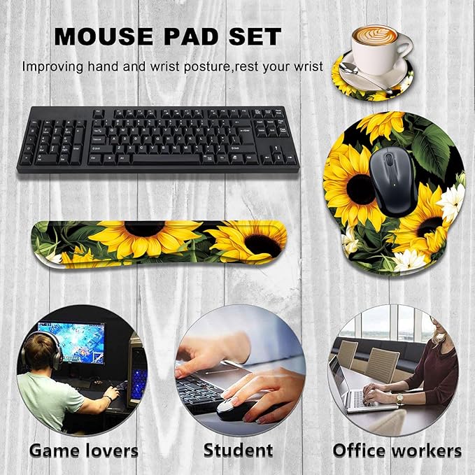 Keyboard Wrist Rest and Mouse Wrist Rest Pad with Cup CoasterMade of Memory FoamErgonomic SupportEasy-Typing and Pain Relieffor Gaming Office Home ComputerNice Sunflowers Floral