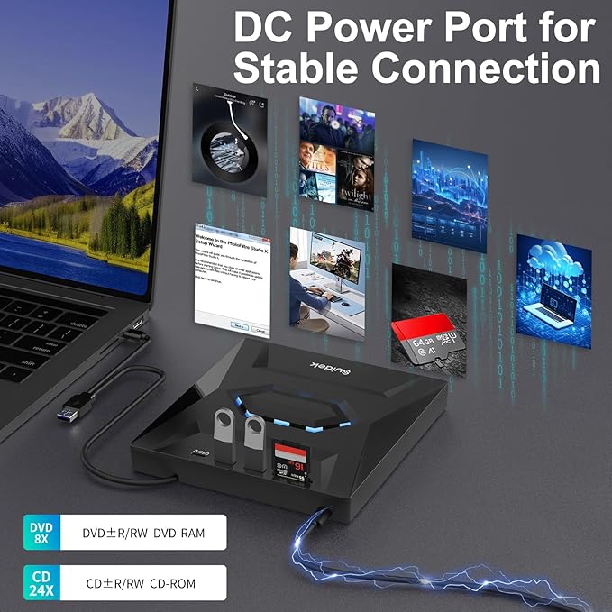 External CD DVD Drive for Laptop USB C Portable CD/DVD +/-RW Burner DVD Player with SD Card Reader USB 3.0 Type C Hub Compatible with Laptop PC Windows Linux