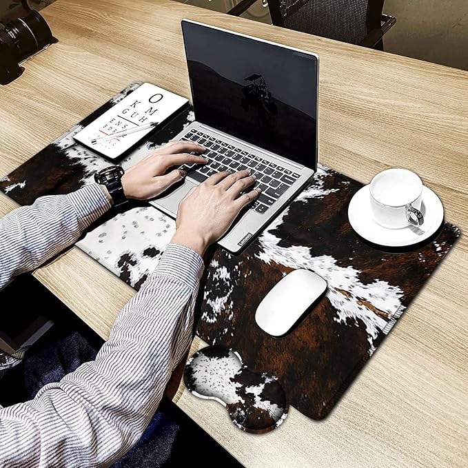 Large Gaming Mouse Pad 31.5x11.8 in Extended Computer Mouse Mat with Non-Slip PU Base Ergonomic Memory Foam Keyboard Wrist Rest for Work &amp Gaming Black and White Cow Fur Office Desk Pad
