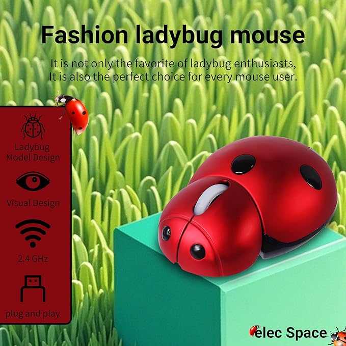 elec Space Wireless Mouse for Laptop &amp Kids Cute Ladybug Shape Ergonomic Mouse with Case Cordless for Laptop PC Mac &amp Notebook (Red)