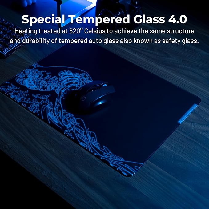 XVX Black Kanagawa Glass Mousepad 4.0 Hard Mouse Pad for Gaming Ultra-Smooth Micro-Etched Surface Mouse Mat with Non-Slip Rubber Base(410mm*310mm)