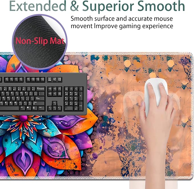 Large Gaming Mouse Pad + Keyboard Wrist Rest + Wrist Support + Coaster Set Memory Foam Ergonomic for Easy Typing XXL Extended Gaming Mouse Pad Table Pad - Mandala Flower
