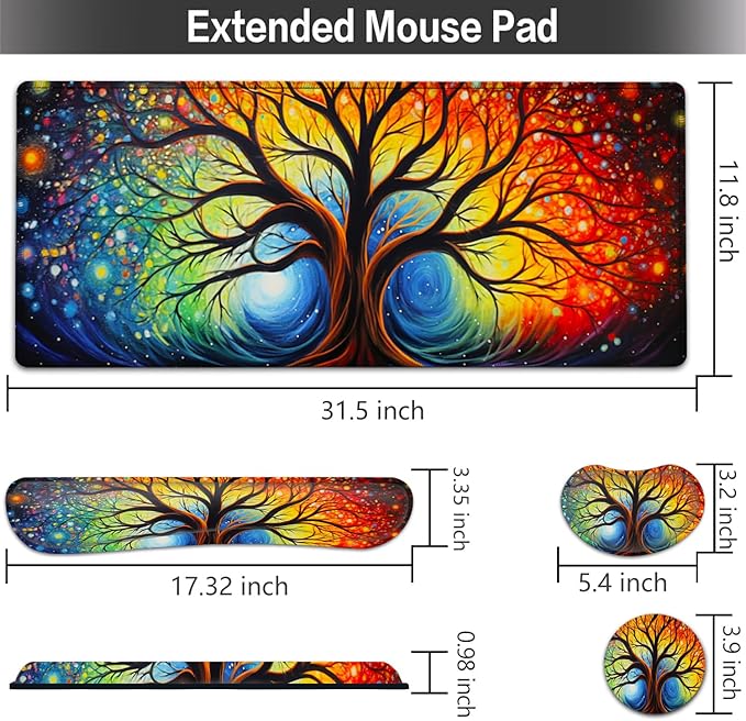 Large Mouse pad and Keyboard Support Set Ergonomic Memory Foam Keyboard Wrist Rest Extended Gaming Mouse Pad with Stitched Edges Colorful Tree of Life XXL Desk Mat (31.5 X 11.8 in)