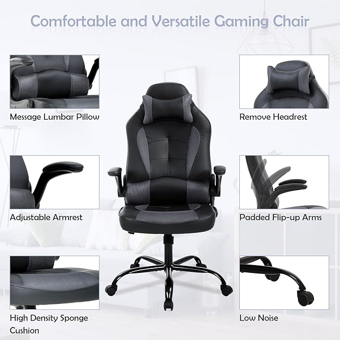 High Back PU Leather Office Gaming Chair Comfortable Big and Tall Height Adjustable Heavy Duty Racing Chair with Headrest &amp Lumbar Support (Grey)