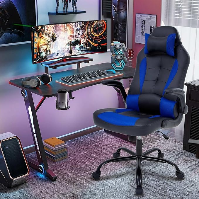 Big Tall Gaming Chair - Ergonomic Office Chair with Height Adjustable Tiltable Lumbar Support Blue