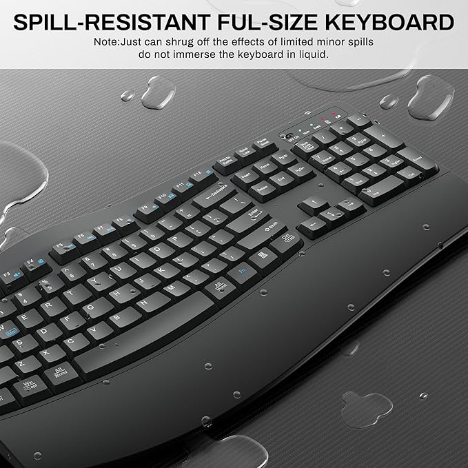 Wireless Keyboard and Mouse Combo2.4G Full Size Wave Keys Ergonomic Keyboard with Wrist Rest for Natural Typing 3 DPI Adjustable Ergonomic Silent Mouse for Computer/Laptop/Windows/Mac (Gray)