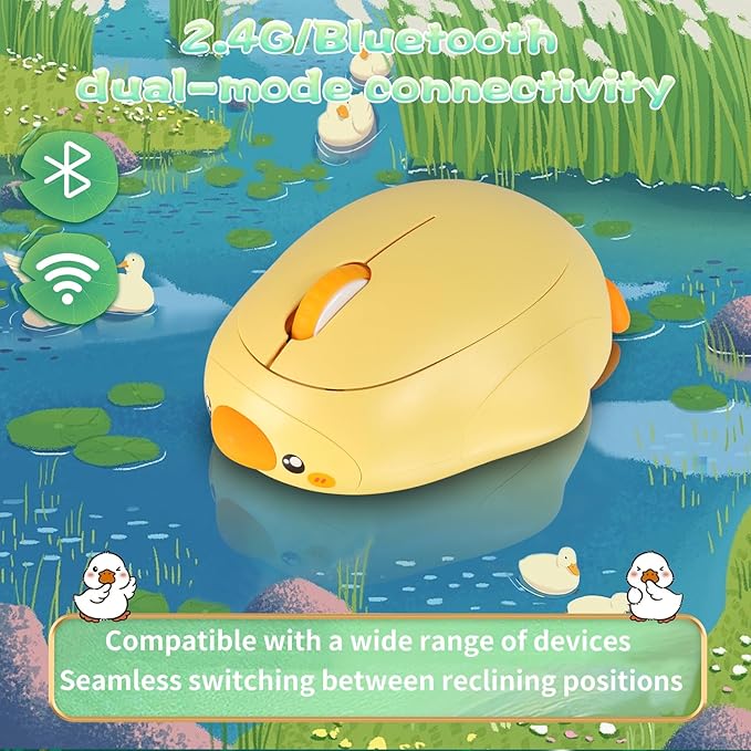 Cute Duck Bluetooth Wireless Mouse -RechargeableDual Mode Connection Silent Scroll Wheel 1600 DPI - Perfect for Laptops PCs and Tablets (Yellow)