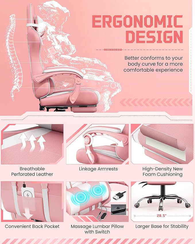 Yaheetech Gaming Chair Video Game Chair with Massage Lumbar Support and Footrest Height Adjustable Ergonomic Computer Chair with Swivel Seat and Headrest Pink/White