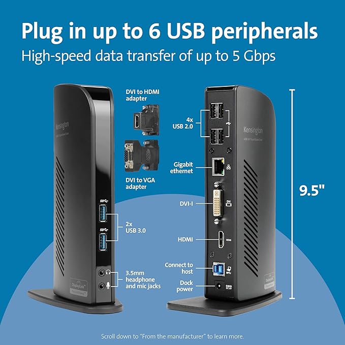 Kensington USB 3.0 Dual Display Docking Station for MacBooks Windows and Surface (K33972US)